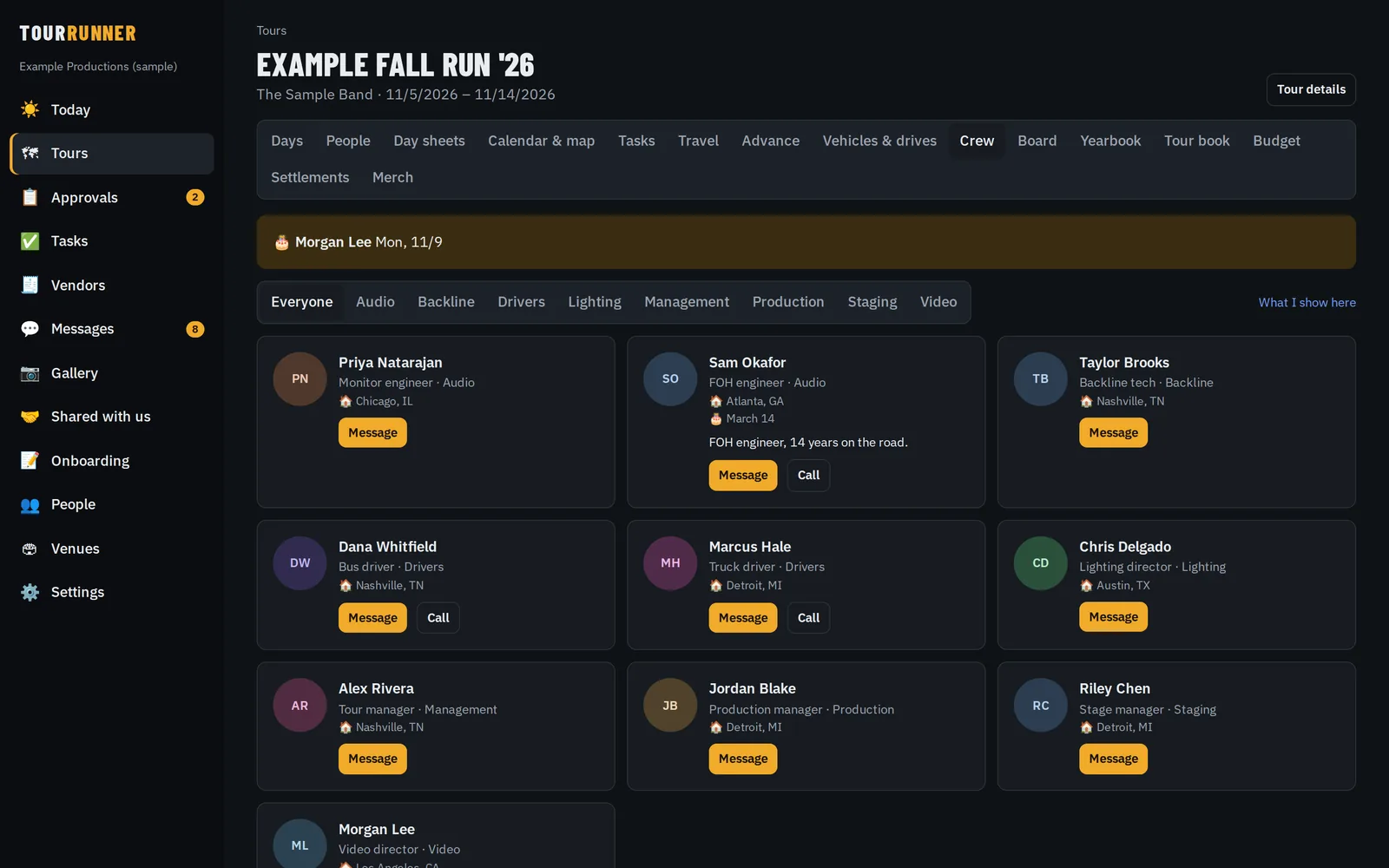 The crew page with people by department