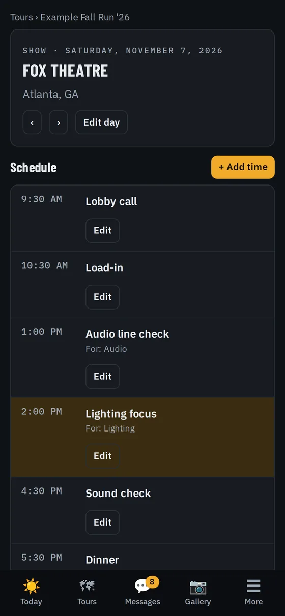 A show day's schedule on a phone