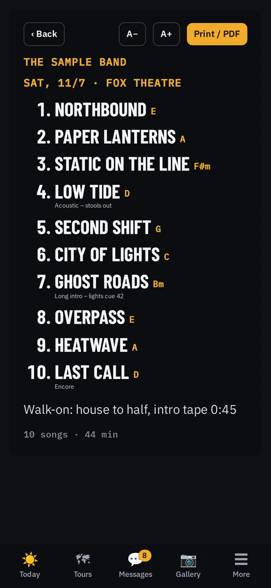 The big-print stage set list