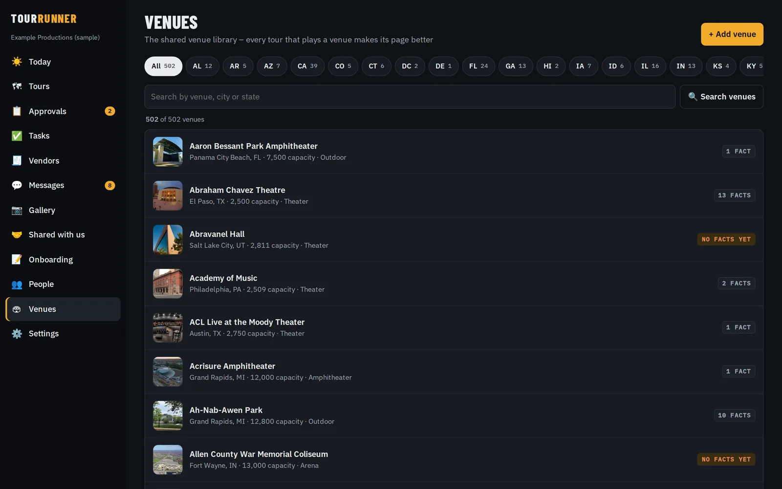The venue library with photos, state tabs and search